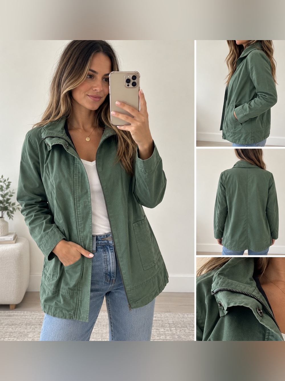Eileen Fisher XS Organic Cotton Hemp Green Utility Jacket Full Zip Snap